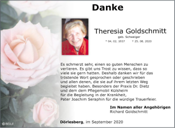 Traueranzeige von Theresia Goldschmitt von Fränkische Nachrichten