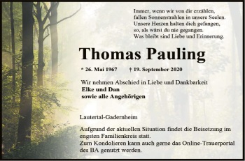 Traueranzeige von Thomas Pauling von Bergsträßer Anzeiger