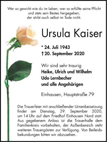 Traueranzeige von Ursula Kaiser von Bergsträßer Anzeiger