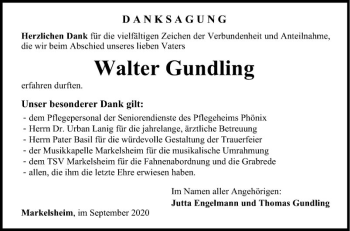 Traueranzeige von Walter Gundling von Fränkische Nachrichten