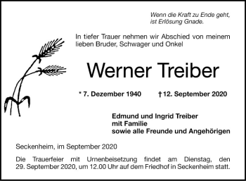 Traueranzeige von Werner Treiber von Mannheimer Morgen