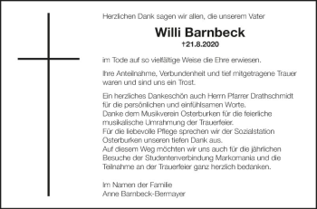 Traueranzeige von Willi Barnbeck von Fränkische Nachrichten