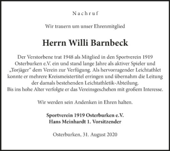 Traueranzeige von Willi Barnbeck von Fränkische Nachrichten