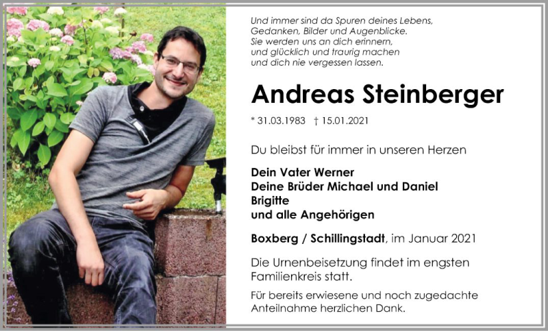  Traueranzeige für Andreas Steinberger vom 20.01.2021 aus Fränkische Nachrichten