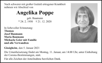 Traueranzeige von Angelika Poppe von Fränkische Nachrichten