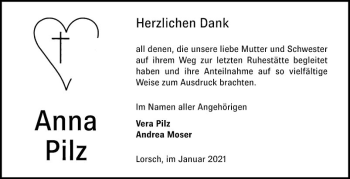 Traueranzeige von Anna Pilz von Bergsträßer Anzeiger