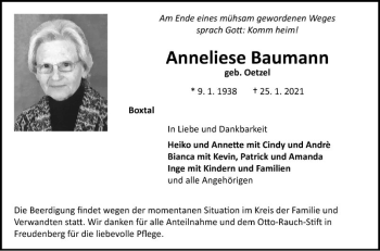 Traueranzeige von Anneliese Baumann von Fränkische Nachrichten