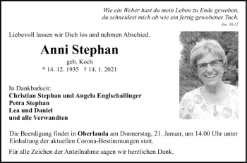 Traueranzeige von Anni Stephan von Fränkische Nachrichten