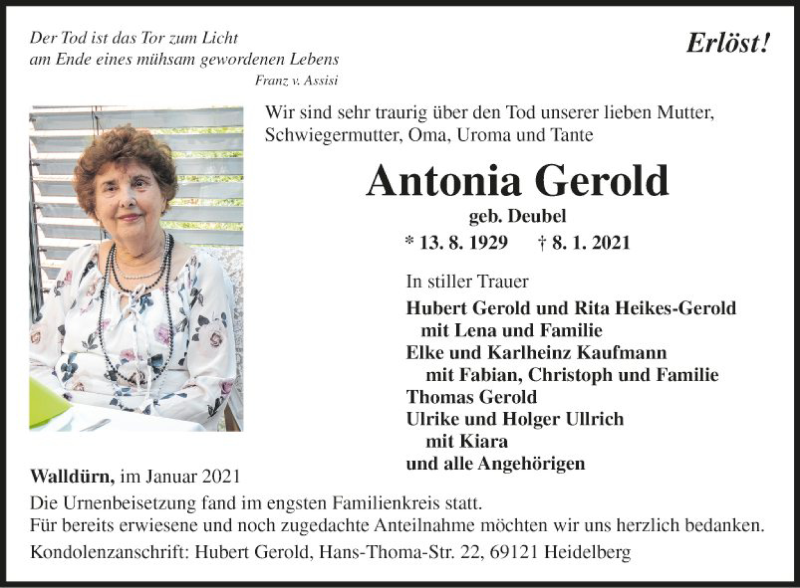 Traueranzeige für Antonia Gerold vom 20.01.2021 aus Fränkische Nachrichten