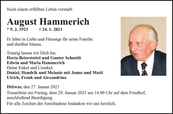 Traueranzeige von August Hammerich von Fränkische Nachrichten