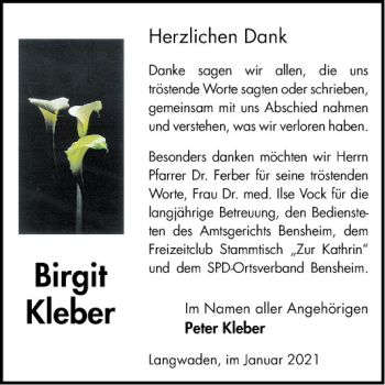 Traueranzeige von Birgit Kleber von Bergsträßer Anzeiger