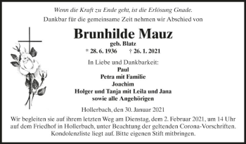 Traueranzeige von Brunhilde Mauz von Fränkische Nachrichten