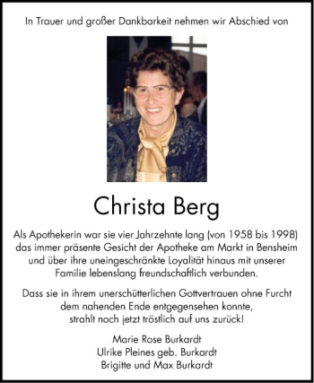 Traueranzeige von Christa Berg von Bergsträßer Anzeiger