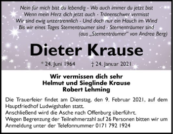 Traueranzeige von Dieter Krause von Mannheimer Morgen