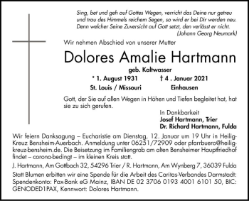 Traueranzeige von Dolores Amalie Hartmann von Bergsträßer Anzeiger