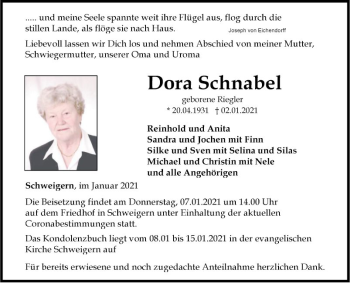 Traueranzeige von Dora Schnabel von Fränkische Nachrichten