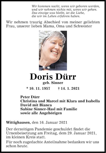 Traueranzeige von Doris Dürr von Fränkische Nachrichten