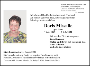 Traueranzeige von Doris Missalle von Fränkische Nachrichten