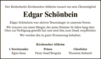 Traueranzeige von Edgar Schönbein von Fränkische Nachrichten