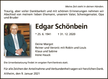 Traueranzeige von Edgar Schönbein von Fränkische Nachrichten