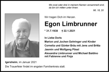 Traueranzeige von Egon Limbrunner von Fränkische Nachrichten