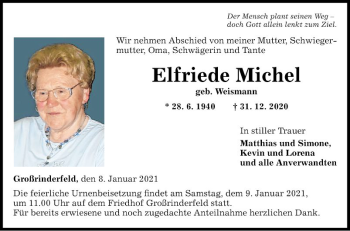 Traueranzeige von Elfriede Michel von Fränkische Nachrichten