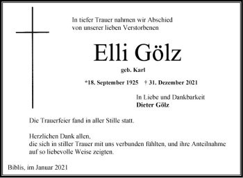 Traueranzeige von Elli Gölz von Südhessen Morgen