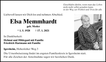 Traueranzeige von Elsa Memmhardt von Fränkische Nachrichten