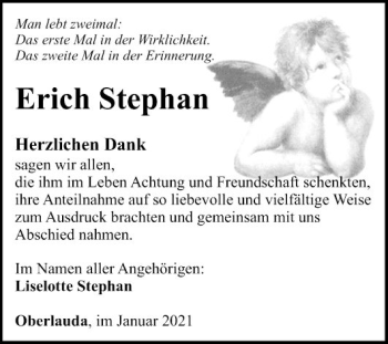 Traueranzeige von Erich Stephan von Fränkische Nachrichten