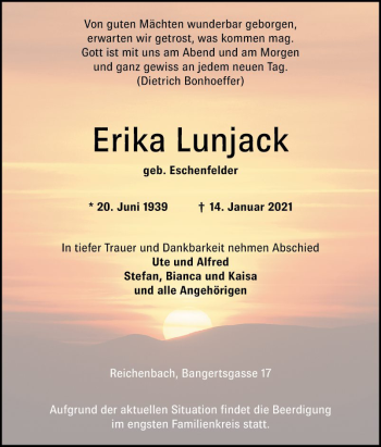 Traueranzeige von Erika Lunjack von Bergsträßer Anzeiger