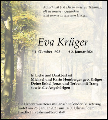 Traueranzeige von Eva Krüger von Mannheimer Morgen