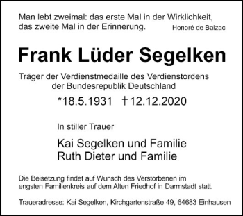 Traueranzeige von Frank Lüder Segelken von Bergsträßer Anzeiger