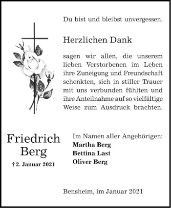 Traueranzeige von Friedrich Berg von Bergsträßer Anzeiger