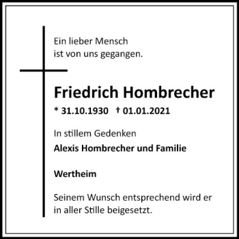 Traueranzeige von Friedrich Rombrecher von Fränkische Nachrichten