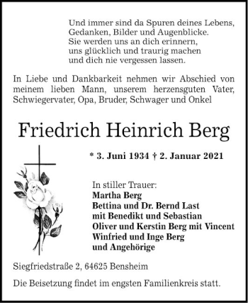 Traueranzeige von Friedrich Heinrich Berg von Bergsträßer Anzeiger