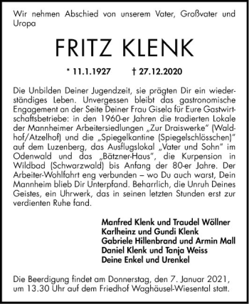 Traueranzeige von Fritz Klenk von Mannheimer Morgen