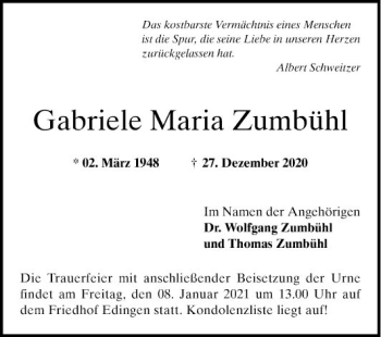 Traueranzeige von Gabriele Maria Zumbühl von Mannheimer Morgen