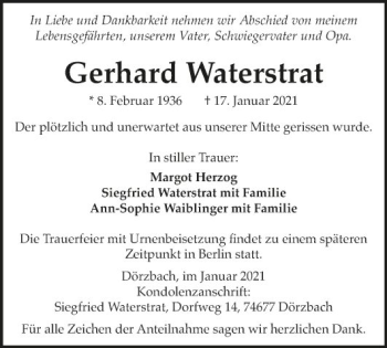 Traueranzeige von Gerhard Waterstrat von Fränkische Nachrichten