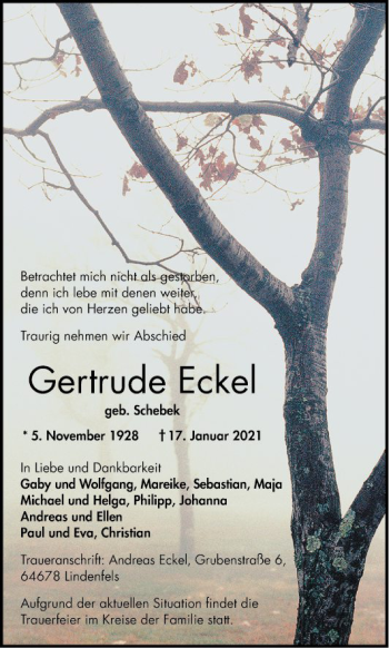 Traueranzeige von Gertrude Eckel von Bergsträßer Anzeiger