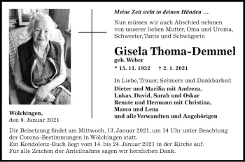 Traueranzeige von Gisela Thoma-Demmel von Fränkische Nachrichten