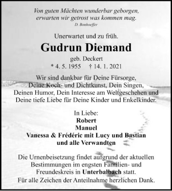 Traueranzeige von Gudrun Diemand von Fränkische Nachrichten