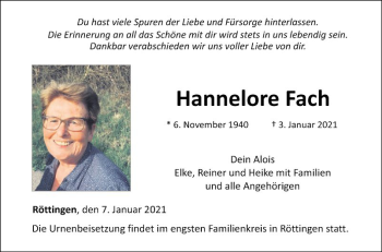 Traueranzeige von Hannelore Fach von Fränkische Nachrichten