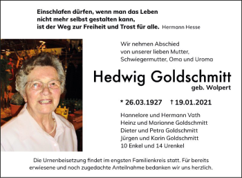 Traueranzeige von Hedwig Goldschmitt von Fränkische Nachrichten