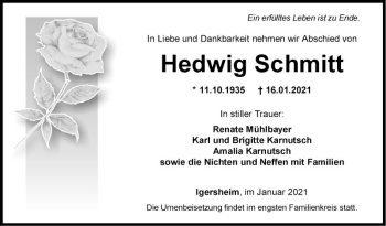 Traueranzeige von Hedwig Schmitt von Fränkische Nachrichten