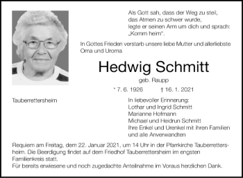 Traueranzeige von Hedwig Schmitt von Fränkische Nachrichten