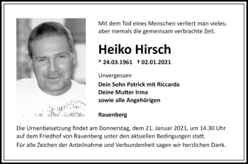 Traueranzeige von Heiko Hirsch von Fränkische Nachrichten