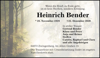 Traueranzeige von Heinrich Bender von Bergsträßer Anzeiger