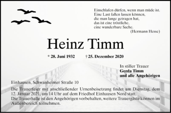 Traueranzeige von Heinz Timm von Bergsträßer Anzeiger