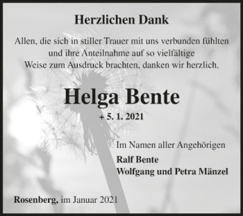 Traueranzeige von Helga Bente von Fränkische Nachrichten