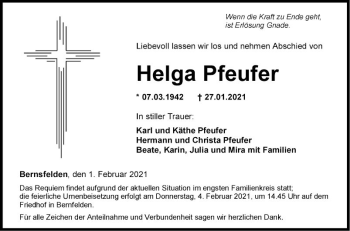 Traueranzeige von Helga Pfeufer von Fränkische Nachrichten